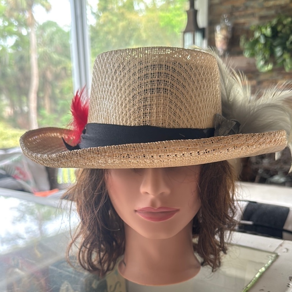 Houston made in Mexico Elegant Tan Straw Hat with Black Band and Red Feather